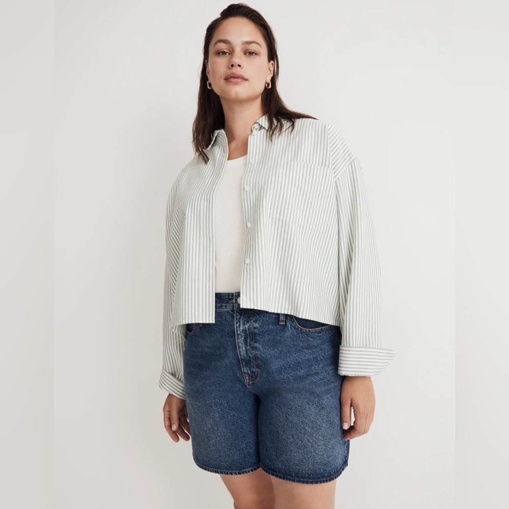 Madewell - The Signature Oxford Oversized Crop Shirt - size L - green striped